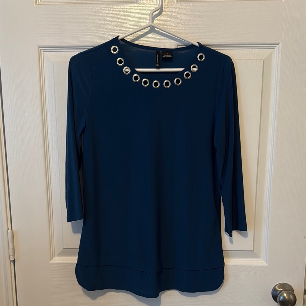 New Directions Blue 3/4 Sleeve Blouse with Silver Embellishments